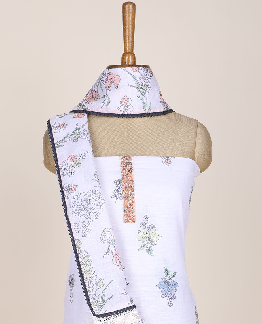 White chudidhar material set, floral motifs & neck embroidered print top, plain bottom & floral motifs print dupatta