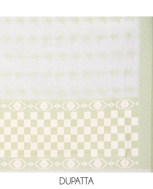 Cream chudidhar material set, floral & leaf motifs printed top, plain bottom & intricately designed dupatta