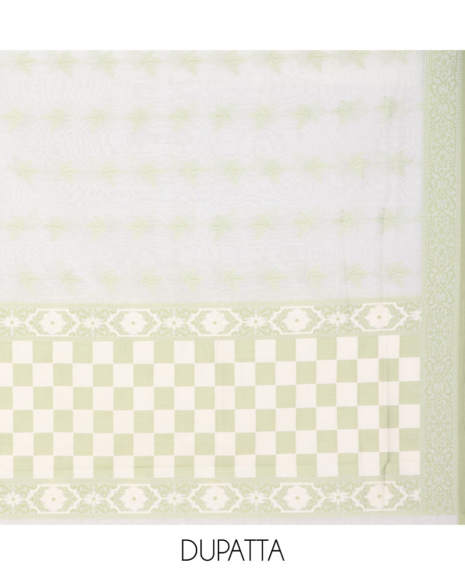 Cream chudidhar material set, floral & leaf motifs printed top, plain bottom & intricately designed dupatta