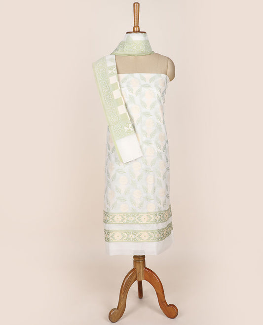 Cream chudidhar material set, floral & leaf motifs printed top, plain bottom & intricately designed dupatta