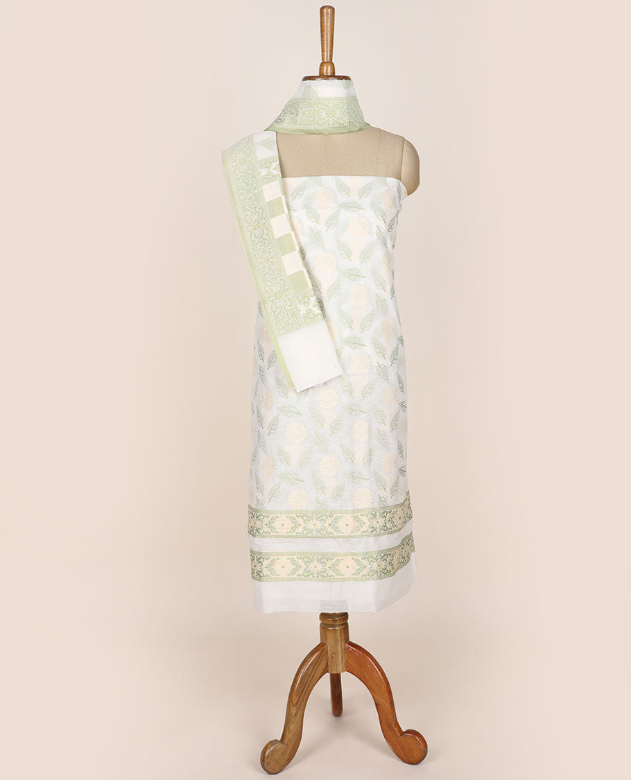 Cream chudidhar material set, floral & leaf motifs printed top, plain bottom & intricately designed dupatta