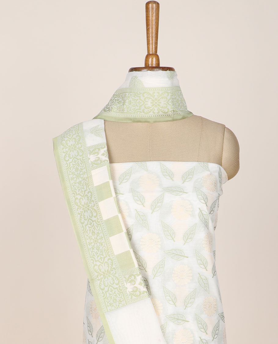 Cream chudidhar material set, floral & leaf motifs printed top, plain bottom & intricately designed dupatta