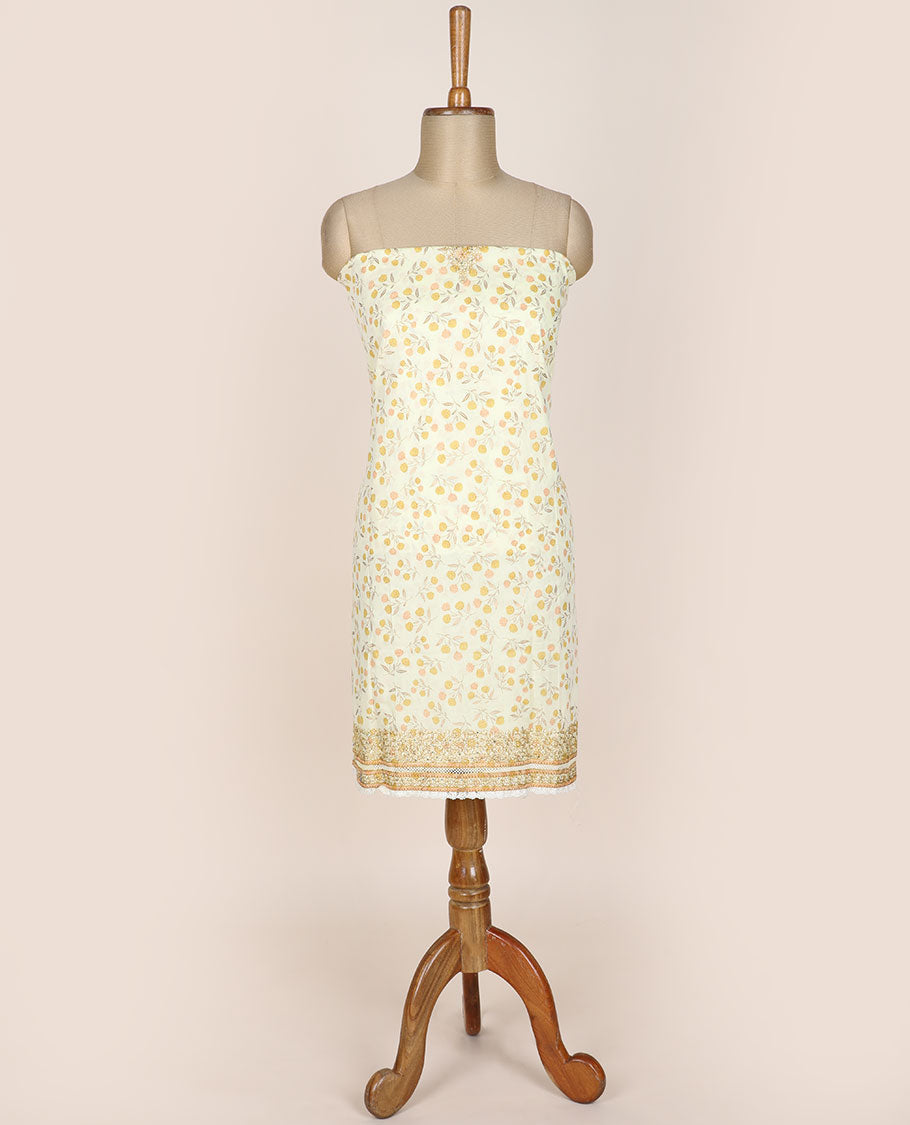 Yellow chudidhar material set, floral motifs printed top, plain bottom & sequins embroidered dupatta