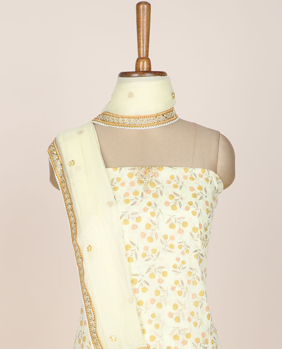 Yellow chudidhar material set, floral motifs printed top, plain bottom & sequins embroidered dupatta