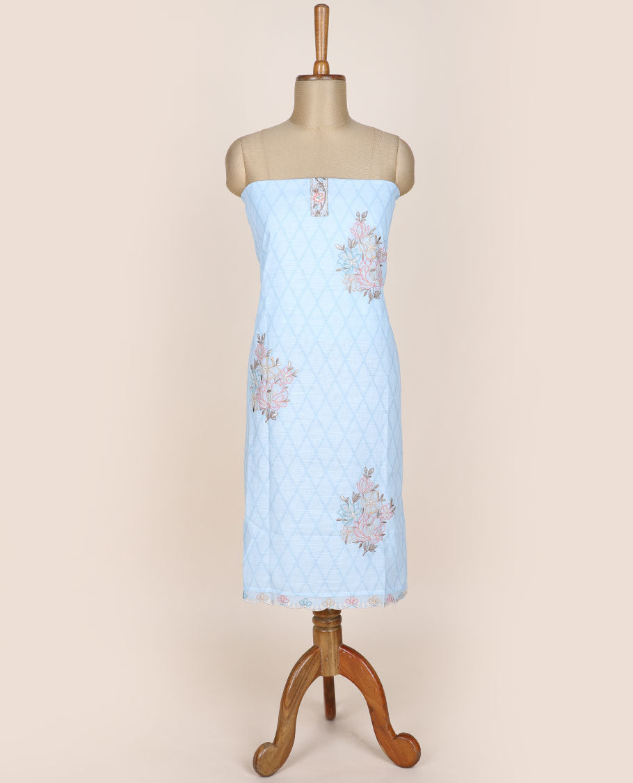 Blue chudidhar material set, jaal printed & floral motifs embroidered top, plain bottom & floral printed dupatta