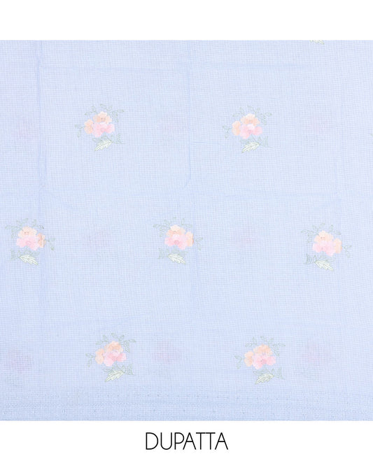 Blue chudidhar material set, embroidered top, plain bottom & floral embroidered dupatta