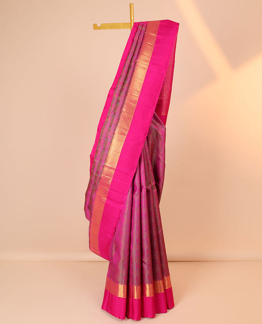 Pink embossed silk saree, contrast vanki border & pallu of thilakam mokku,kathir,mayil & jaal designs
