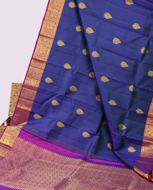 Blue embossed silk saree with buttas, contrast floral creeper pallu & border of manga,kathir,zari stripes & mayil