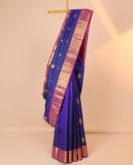 Blue embossed silk saree with buttas, contrast floral creeper pallu & border of manga,kathir,zari stripes & mayil