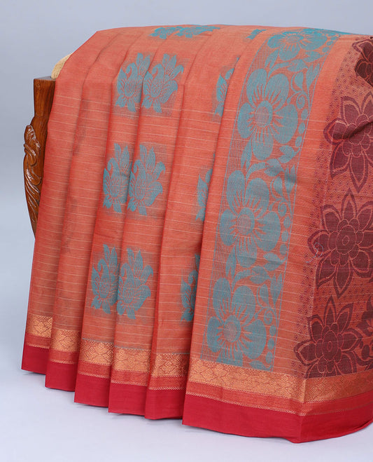 Borderless orange striped kanchi cotton saree with floral buttas, contrast zari design border & pallu of floral designs