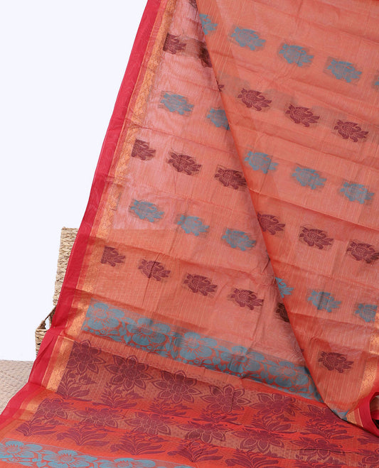 Borderless orange striped kanchi cotton saree with floral buttas, contrast zari design border & pallu of floral designs