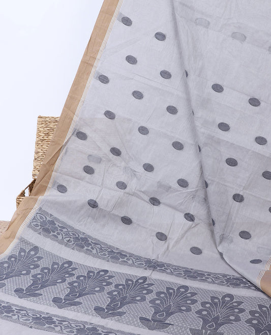 Grey kanchi cotton saree with buttas, contrast plain border & pallu of floral designs