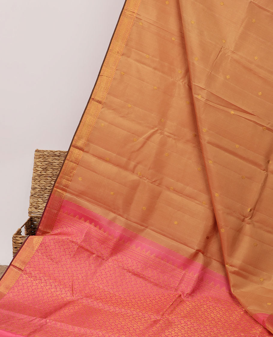 Sandal zari buttas kancheepuram silksaree, zari border of manga & kamalam & contrast pallu steeped with paisleys