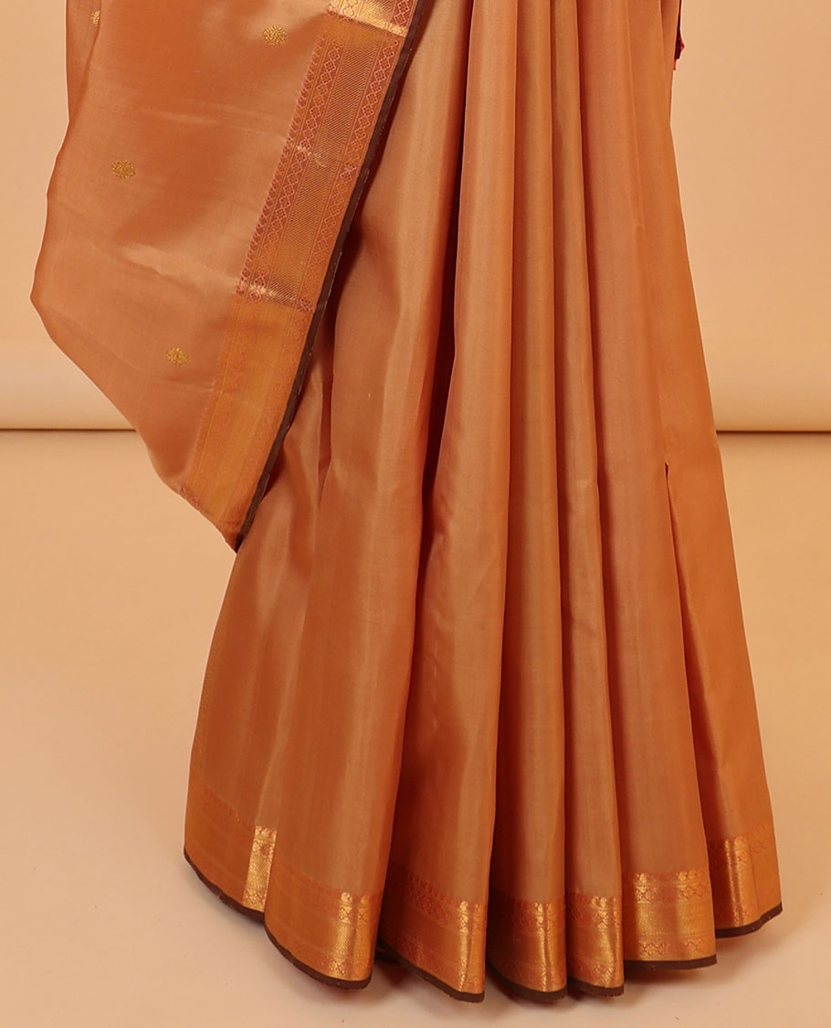 Sandal zari buttas kancheepuram silksaree, zari border of manga & kamalam & contrast pallu steeped with paisleys