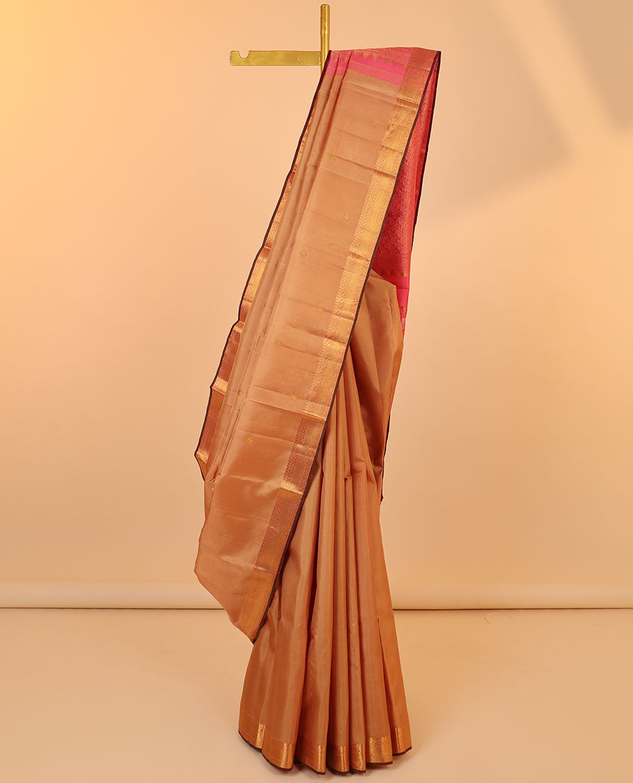 Sandal zari buttas kancheepuram silksaree, zari border of manga & kamalam & contrast pallu steeped with paisleys
