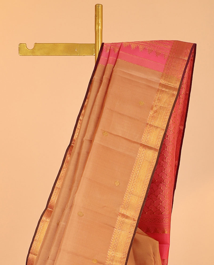 Sandal zari buttas kancheepuram silksaree, zari border of manga & kamalam & contrast pallu steeped with paisleys