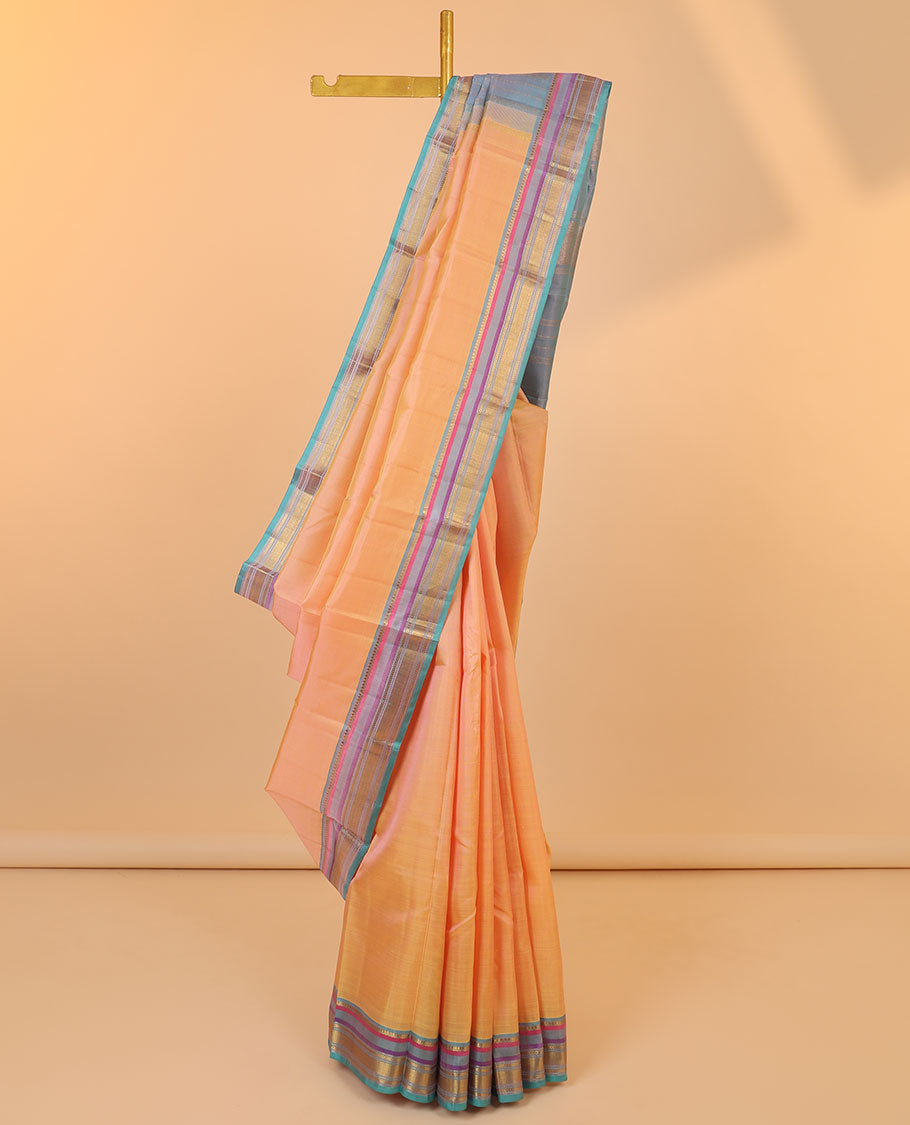 Orange plain kancheepuram silk saree, contrast zari design pallu & border of thilakam mokku,muthu,kathir & zari design