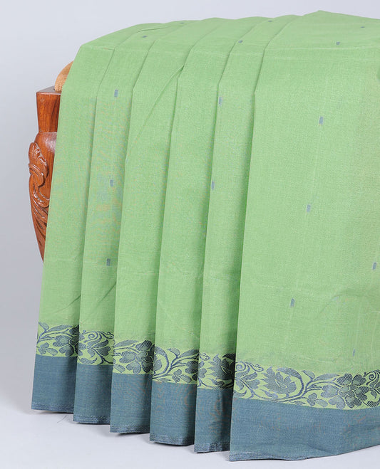 Green bengal cotton saree with buttas, contrast floral creeper border & pallu of stripes