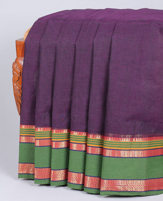 Violet striped bengal cotton saree, contrast traditional design ganga jamuna border & pallu of stripes