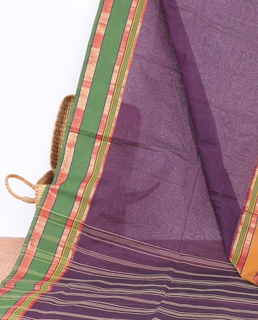 Violet striped bengal cotton saree, contrast traditional design ganga jamuna border & pallu of stripes