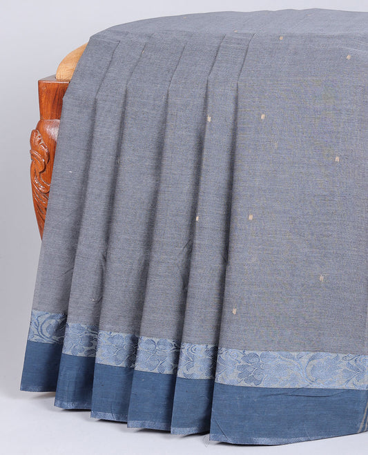 Grey bengal cotton saree with all-over buttas, contrast floral creeper border & pallu of stripes
