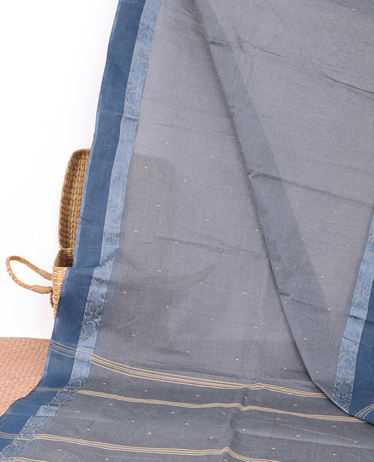 Grey bengal cotton saree with all-over buttas, contrast floral creeper border & pallu of stripes