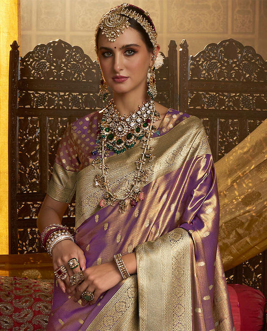 Violet tissue designer catalog saree with zari buttas, traditional design border & pallu of intricate designs
