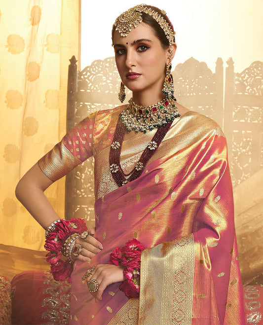 Pink zari buttas tissue designer catalog saree, traditional design border & pallu of intricate designs