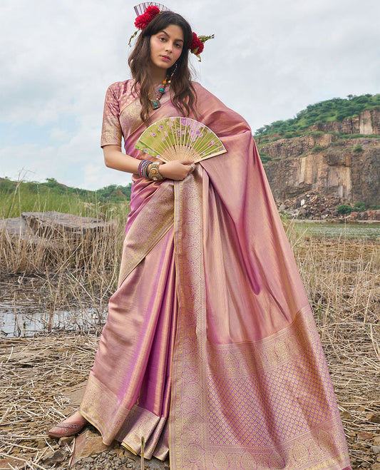 Pink designer catalog saree, traditional zari design border & pallu of intricate designs