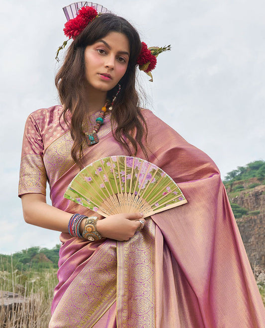 Pink designer catalog saree, traditional zari design border & pallu of intricate designs