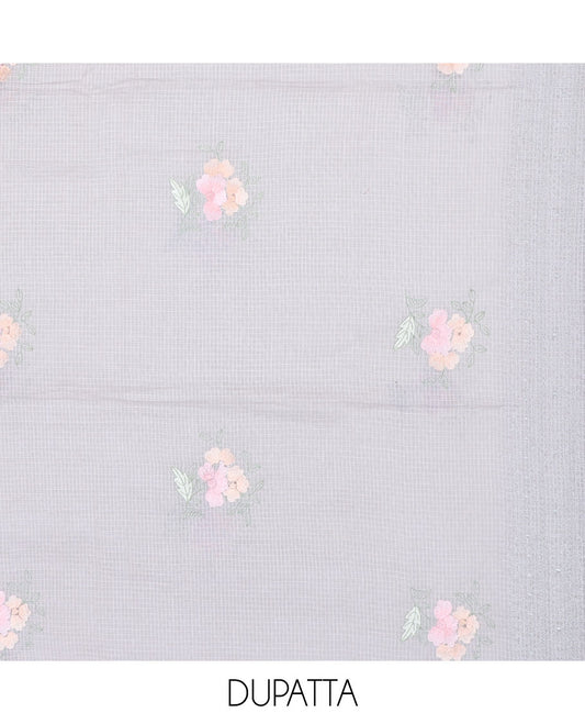 Grey chudidar material set, thread embroidered top, plain bottom & floral embroidered dupatta