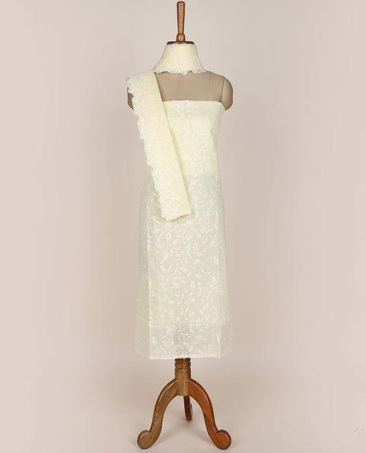 Yellow chudidar material set, floral vine thread embroidered top, plain bottom & floral embroidered scallop dupatta