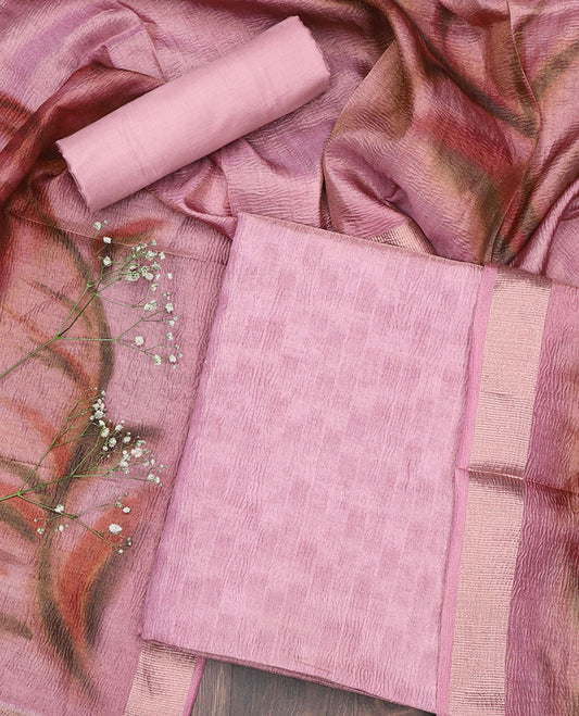 Pink chudidar material set, uniquely printed top, plain bottom & abstract-printed dupatta