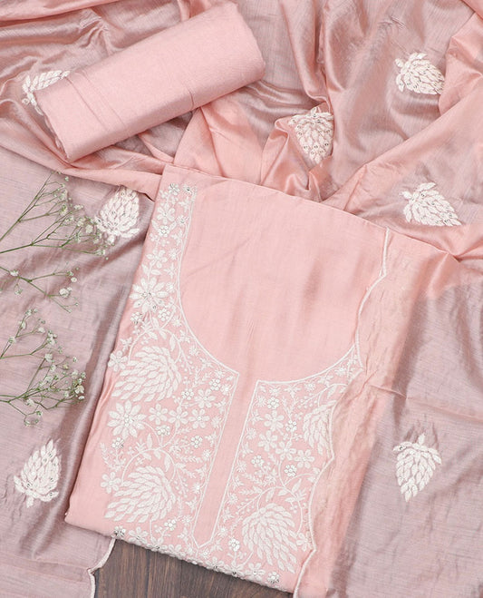 Pink chudidar material set, neck sequins embroidered top, plain bottom & sequins embroidered sacllop dupatta