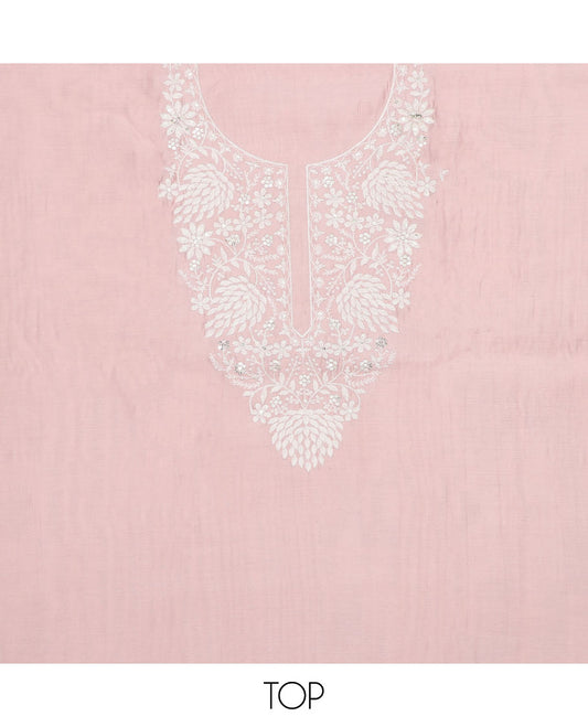 Pink chudidar material set, neck sequins embroidered top, plain bottom & sequins embroidered sacllop dupatta