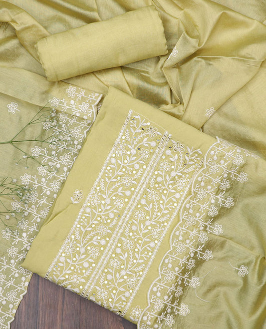 Green chudidar material set, sequins embroidered top, plain bottom & thread embroidered dupatta