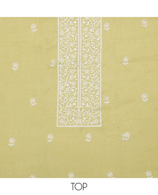 Green chudidar material set, sequins embroidered top, plain bottom & thread embroidered dupatta