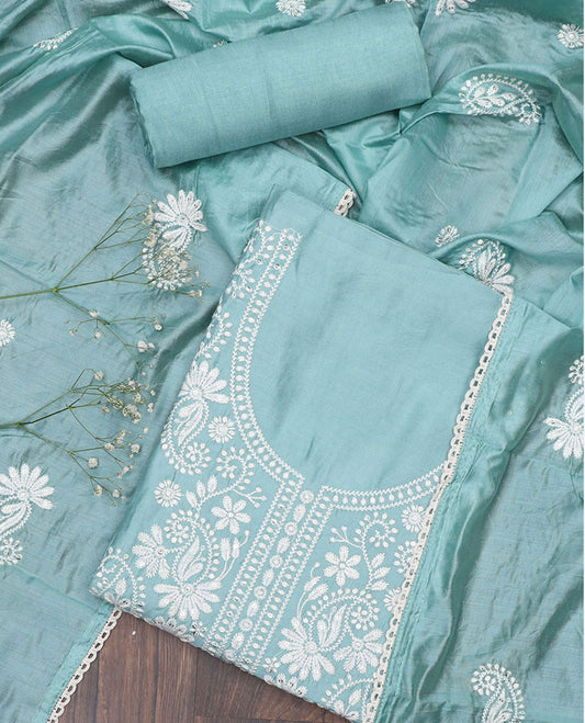 Blue chudidar material set, floral embroidered top, plain bottom & paisleys thread embroidered dupatta