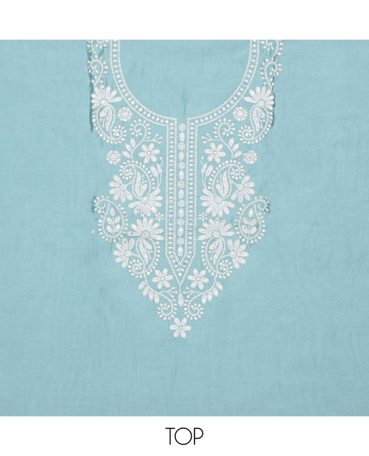 Blue chudidar material set, floral embroidered top, plain bottom & paisleys thread embroidered dupatta