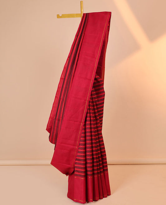 Red striped silk saree with neli & muthu stripes, rettai pettu poun border & pallu of thilakam mokku & jaal designs