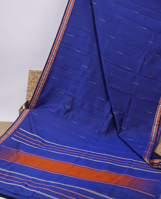 Blue malli mokku buttas kancheepuram silksaree, self-border of rekku,muthu,kathir & rudraksham & pallu of seppu rekku