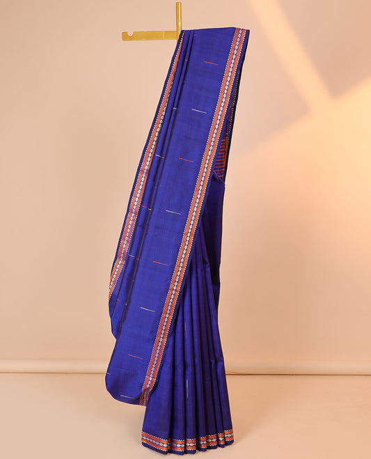 Blue malli mokku buttas kancheepuram silksaree, self-border of rekku,muthu,kathir & rudraksham & pallu of seppu rekku