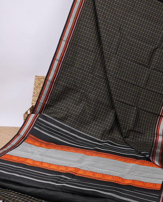 Black checked kancheepuram silksaree with buttas,self-border of neli,vanki & mayil kann & pallu of mayil & mayil kann