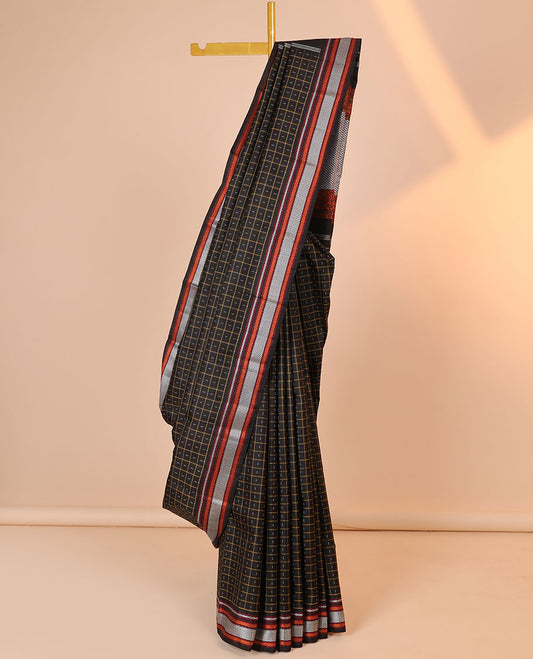 Black checked kancheepuram silksaree with buttas,self-border of neli,vanki & mayil kann & pallu of mayil & mayil kann