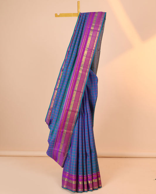 Blue checked kancheepuram silksaree, contrast traditional zari design pallu & salngai,banaras & kodi yaali yaanai design