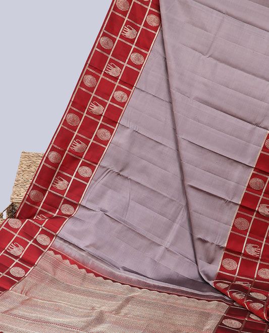 Brown plain body kancheepuram designer silk saree,contrast zari checked border of round mayil & yaanai & intricate pallu