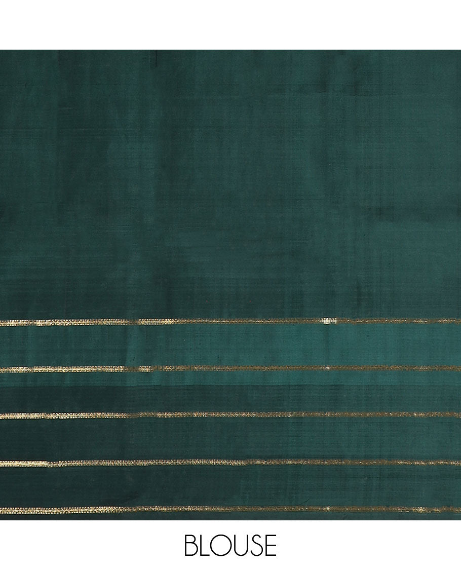 Green zari buttas kancheepuram designer silksaree,contrast mayil chakra motifs enclosed checked border & intricate pallu