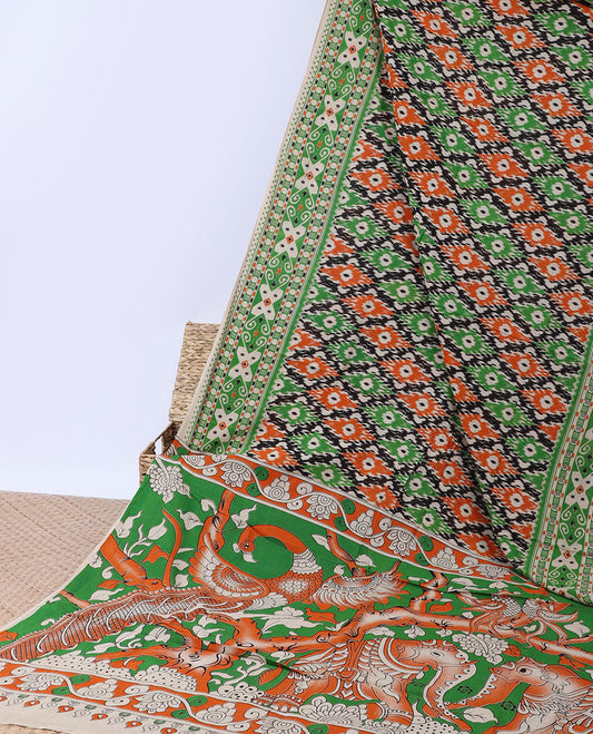 Multi-color ikkat machine-printed kalamkari cotton saree, ikkat border & animal motifs pallu