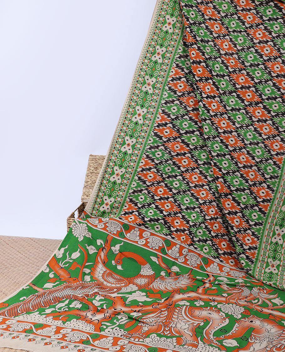 Multi-color ikkat machine-printed kalamkari cotton saree, ikkat border & animal motifs pallu