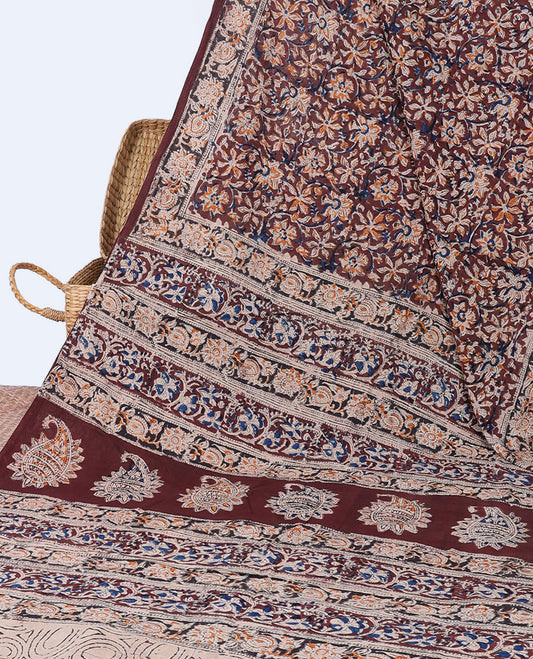Brown floral vine machine-printed kalamkari cotton saree, floral creeper border & pallu of intricate print